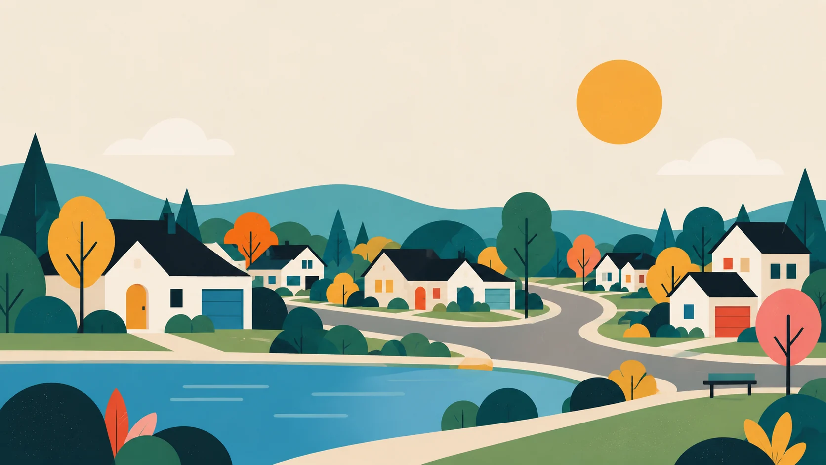 An illustrated Atwater street on a bright afternoon: houses set back behind trees, a pond, and the road curving between them.