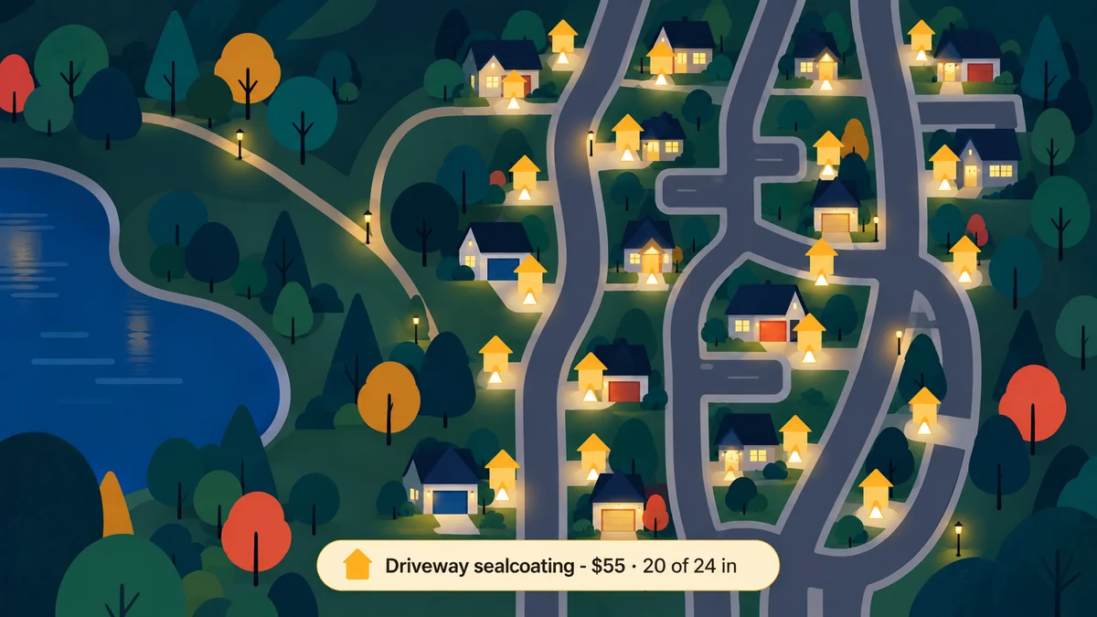 An aerial view of Atwater's streets during a group sign-up, with the houses that have joined filled in.