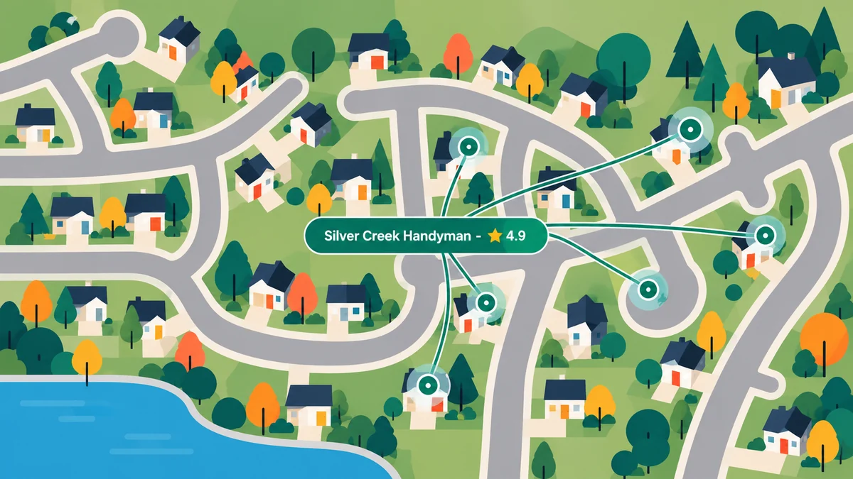 An aerial view of Atwater's streets: several households each drawing a line to one name — Silver Creek Handyman, rated 4.9.